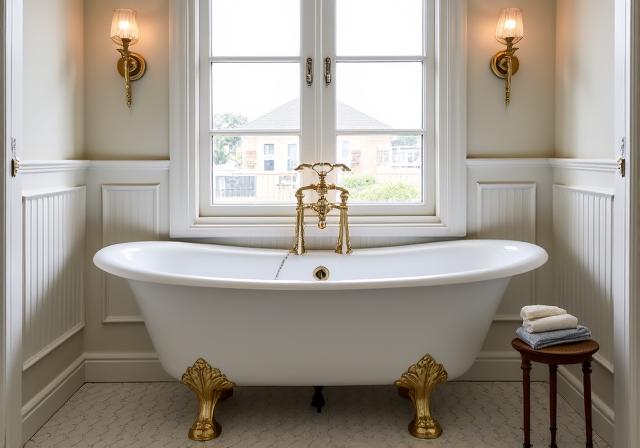 Classic bathroom design with a clawfoot tub and traditional tapware