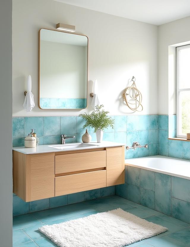 Bright bathroom with light wood vanity and ocean-themed tiles